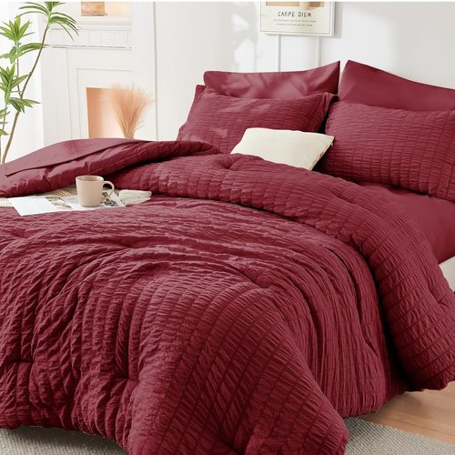HYMOKEGE King Size Comforter Set - Luxury Burgundy Seersucker 7-Piece Bedding Set | All-Season Comfort
