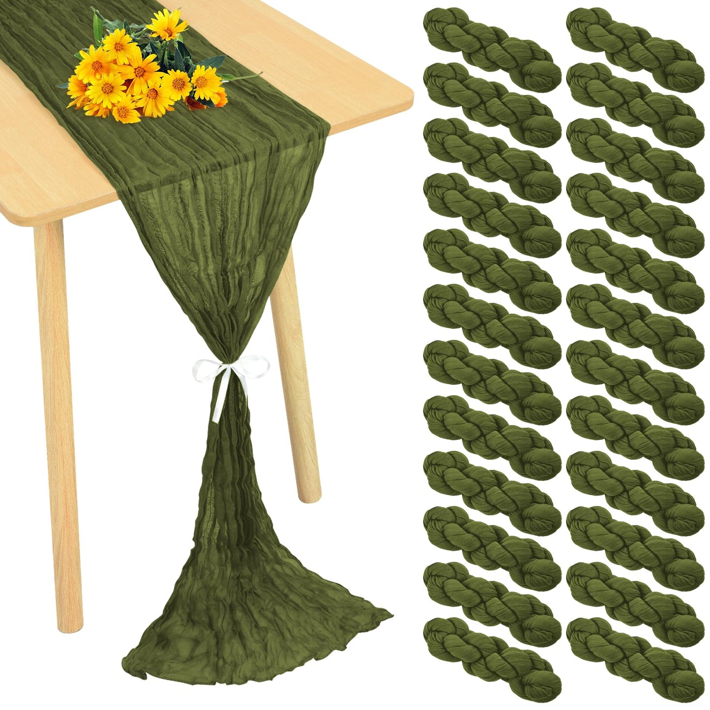 24 Pack Cheesecloth Table Runner 20 x 120 inch Cheese Cloth Table Runner Bulk,Romantic Boho Sheer Gauze Fabric Table Runners for Wedding Reception,Party,Bridal Shower Table Decor(Olive Green)