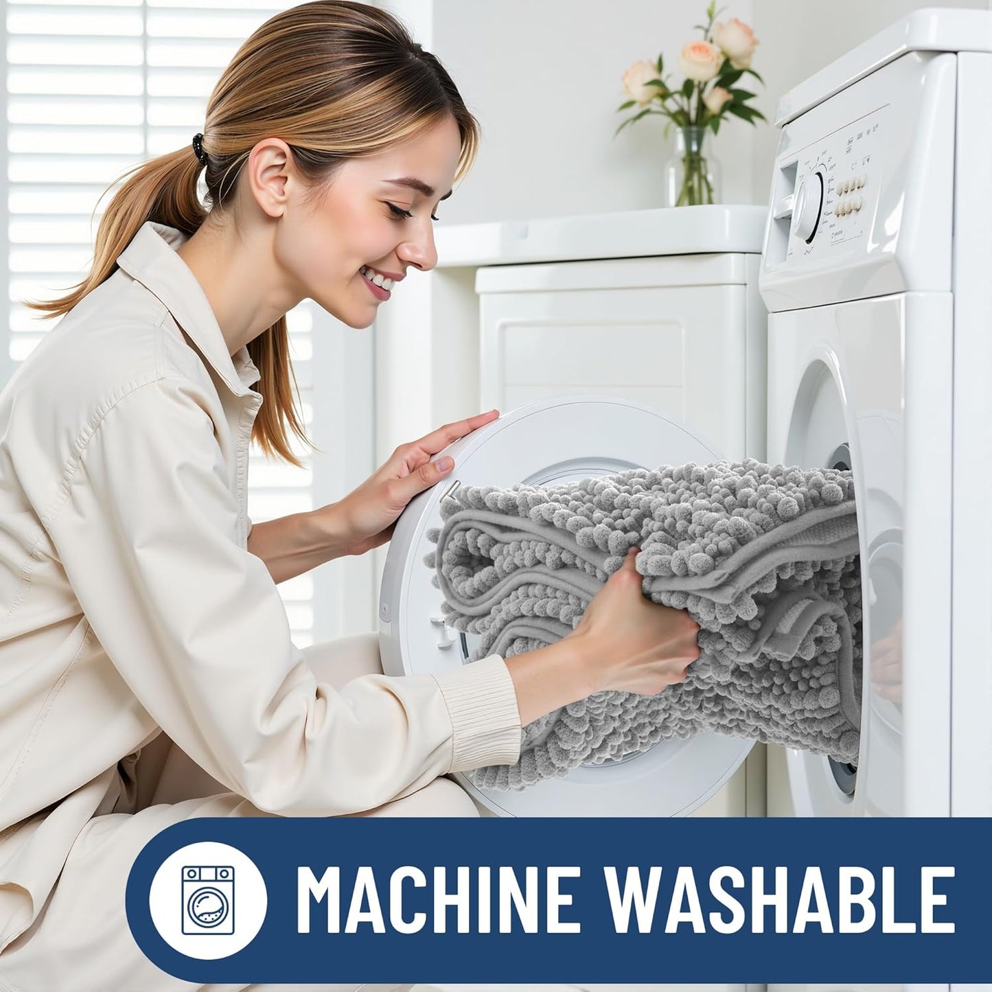 Smiry Bathroom Rugs - Extra Soft Chenille Bath Mat with Non-Slip Backing | 24x16 Light Grey