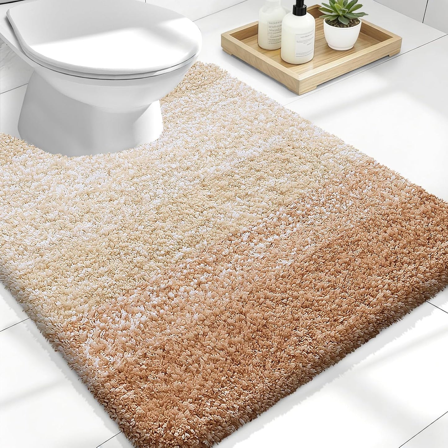 OLANLY Luxury U-Shaped Toilet Rugs - Extra Soft, Absorbent Microfiber Bath Mat | 24x20, Non-Slip, Beige