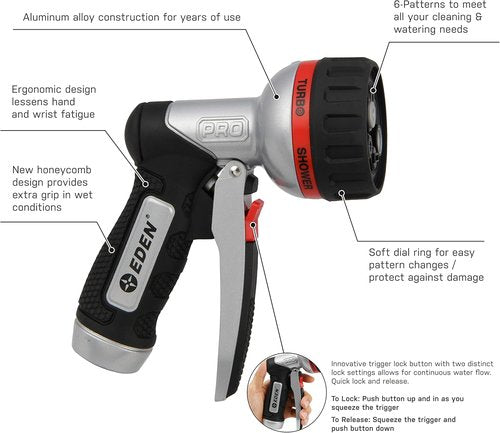 Eden PRO 94833 Turbo Nozzle - Heavy Duty 6-Pattern Metal Hose Sprayer for Gardens & Lawns