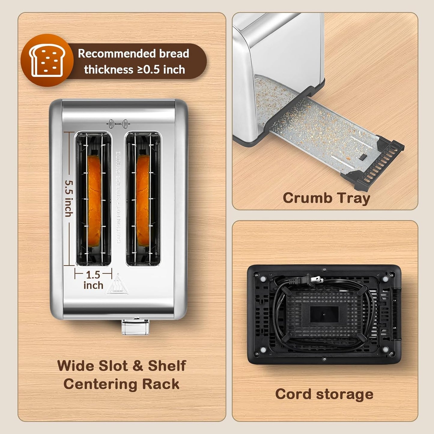 Mecity 2-Slice Stainless Steel Toaster - Touch Screen, 1.5" Wide Slots, Timer & Defrost Function