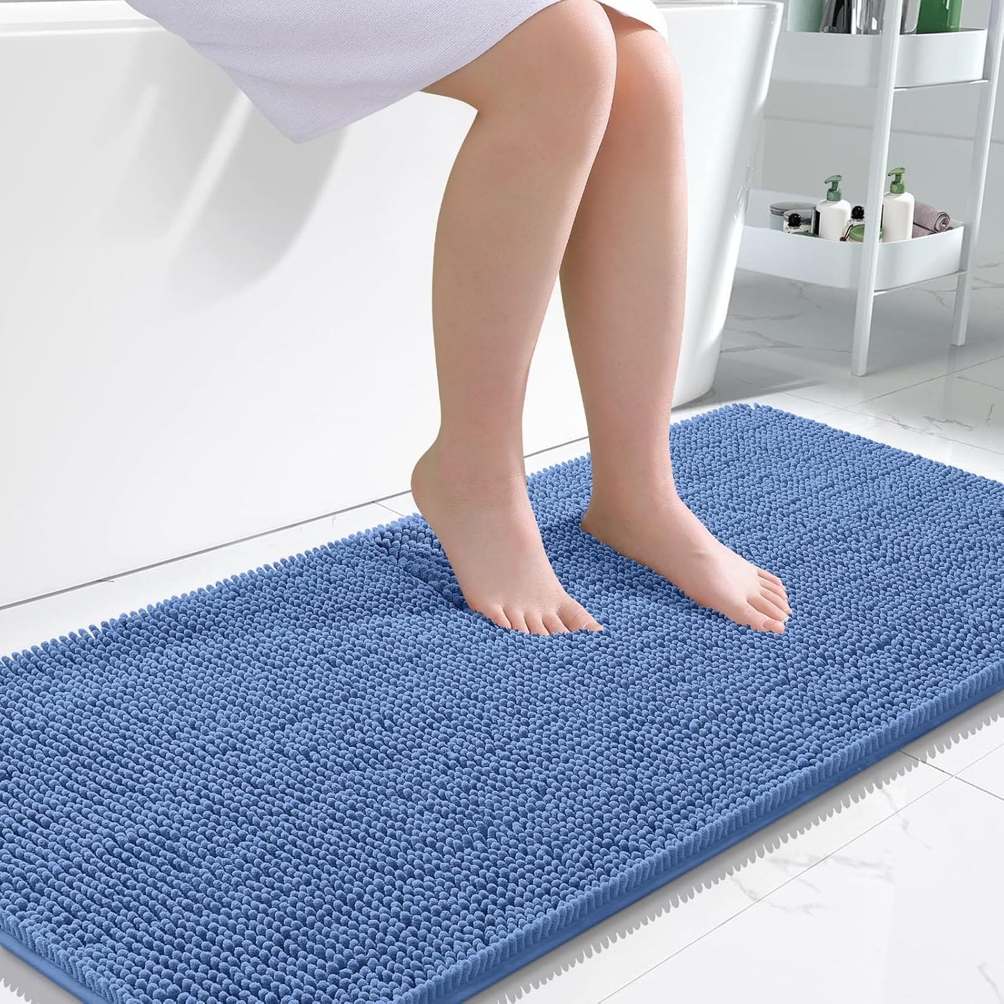 OLANLY Bathroom Runner Rugs - Soft Chenille Bath Mats with Rubber Backing | Quick Dry, Machine Washable, 47x24, Cornflower Blue