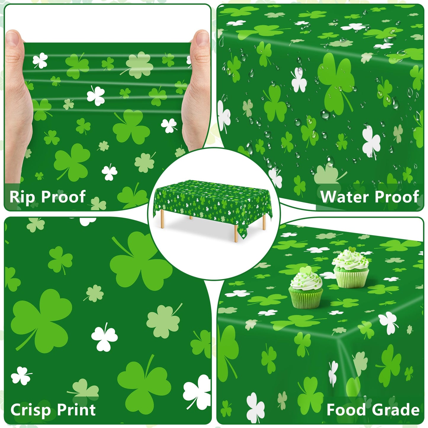 4 PCS St Patricks Day Decorations, Plastic 108" X 54" Irish St Patricks Day Tablecloth, Disposable Lucky Shamrock Decorations, Rectangle Shamrock Green Table Cloths, Lucky Decor for Memorable Table