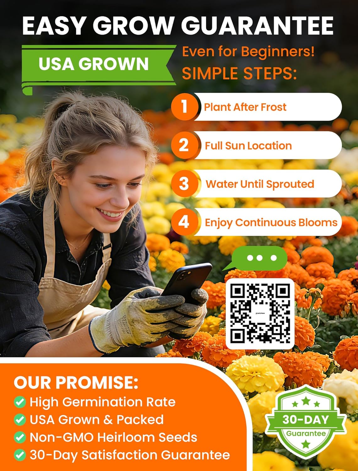 Tri-Color Marigold Seeds - 60,000+ Non-GMO Heirloom Flower Seeds for Quick Blooming Outdoors