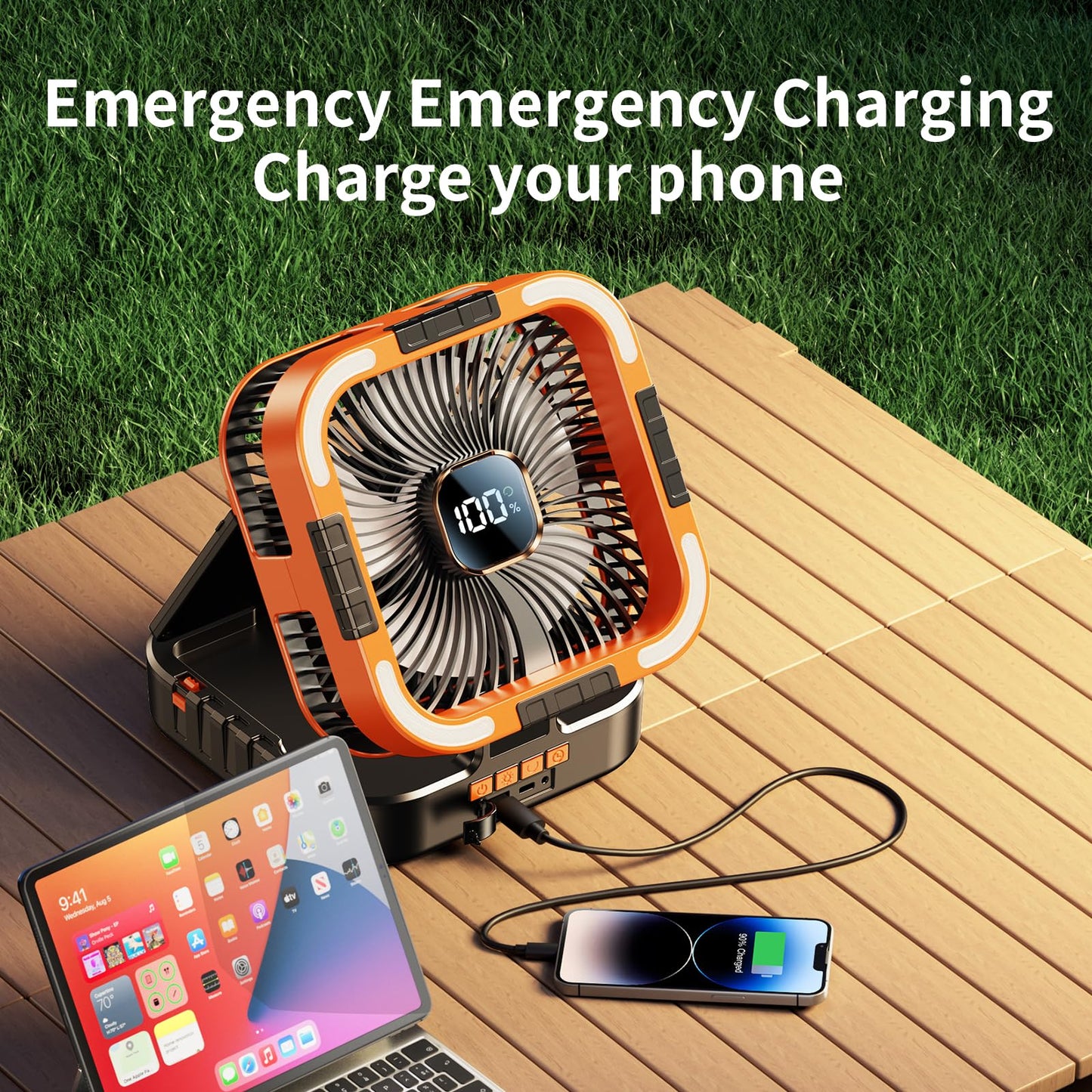 KIMMOO Solar Camping Fan with Light-10000mAh Rechargeable Portable, 6 Speeds, Digital Display, Timer, 120° Oscillation, Cordless Battery Powered Fan for Home Outdoor Tent Travel BBQ Fishing (Orange)