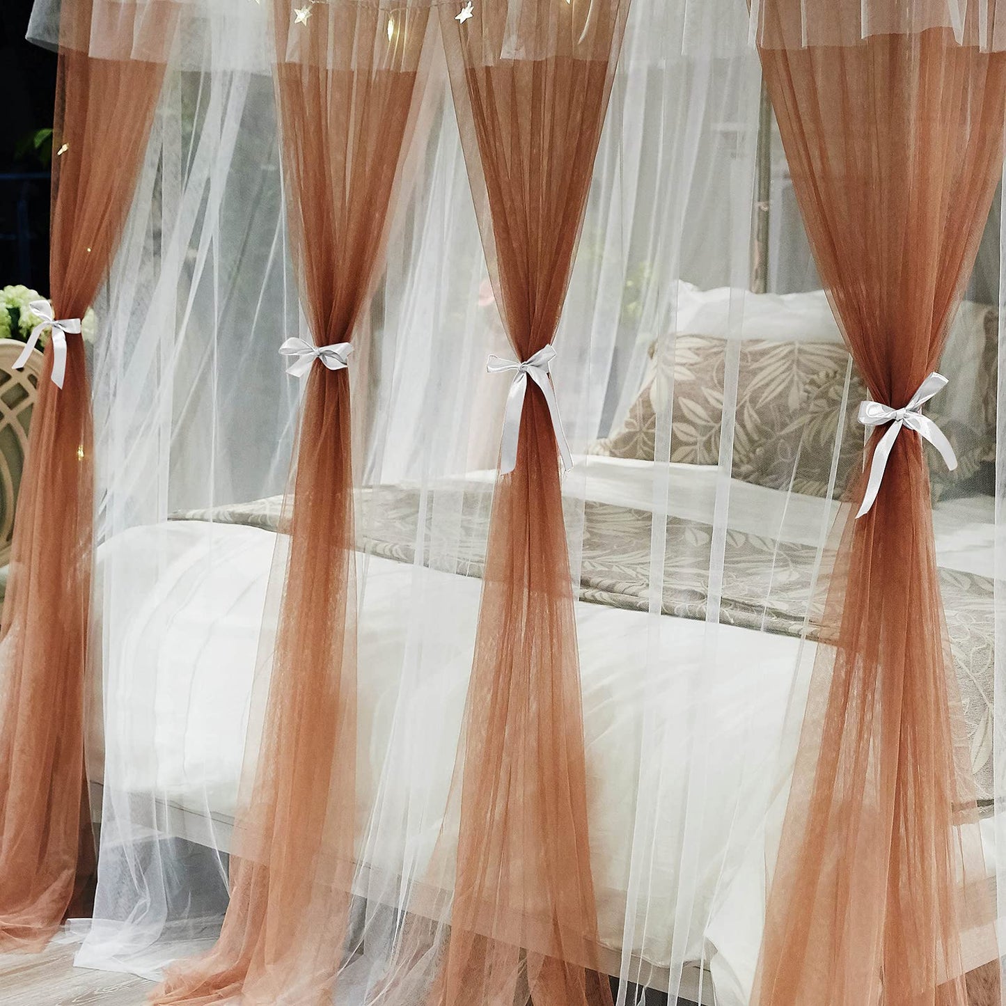 Joyreap Luxury 4 Corners Post Canopy Bed Curtains - Coral & White Cozy Drape Netting - Cute Princess Style Bedroom Decoration Accessories(Reddish Brown,86" W x 78" L, King)