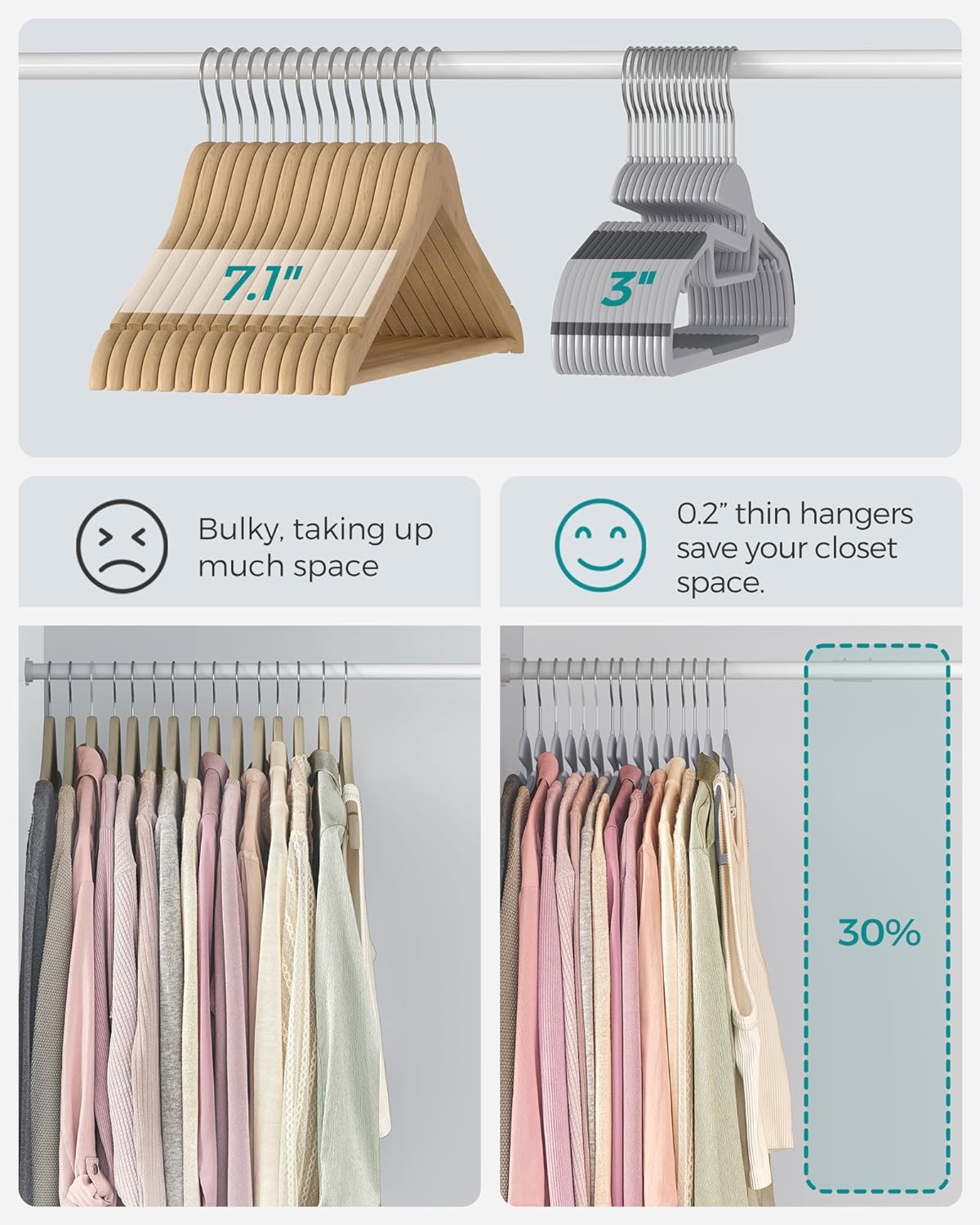 SONGMICS Heavy-Duty Plastic Coat Hangers - Space-Saving Design with 360º Swivel Hook | 50 Pack in Light & Dark Gray