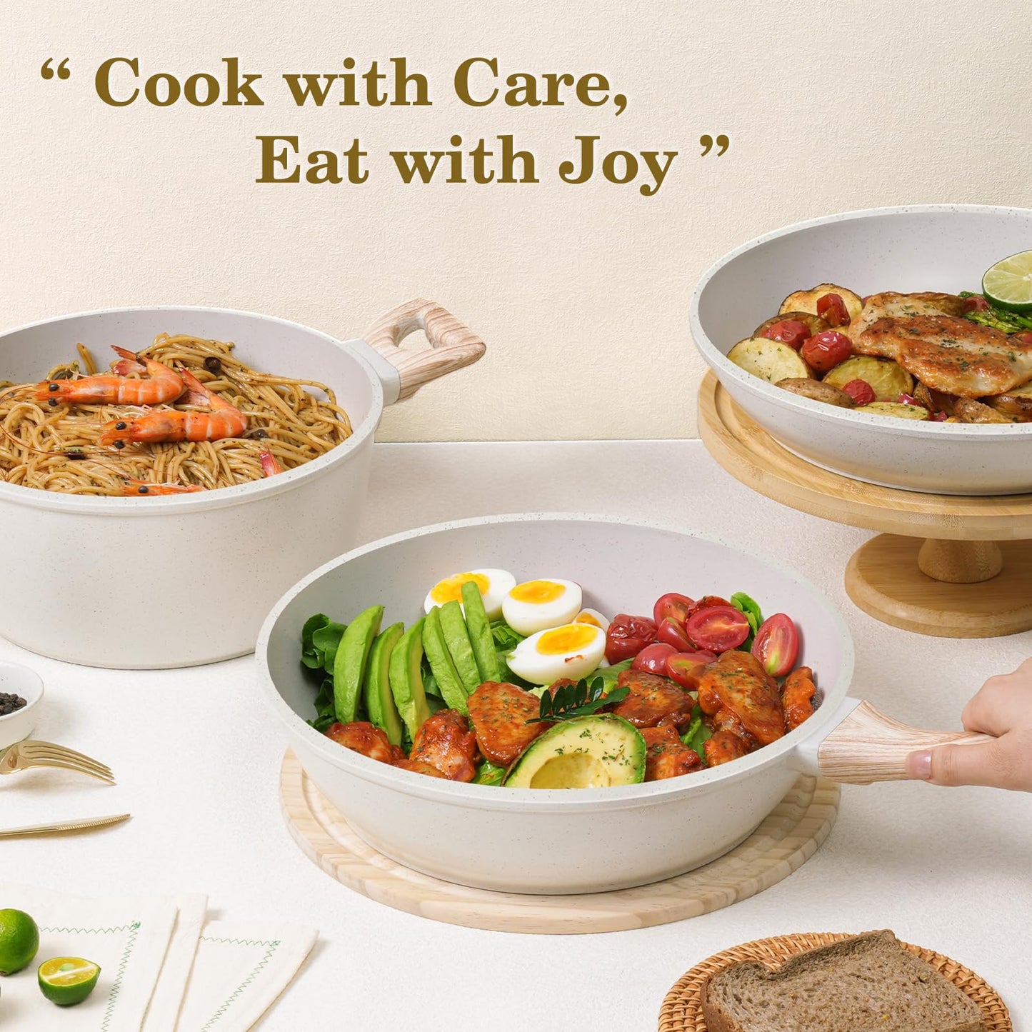 SODAY 12 Pcs Pots and Pans Set Non Stick, Cookware Sets White Granite Induction Cookware, Non-toxic Healthy Nonstick Kitchen Cooking Set with Frying Pan Set, Saucepans (PFAS/PFOA/PFOS Free)