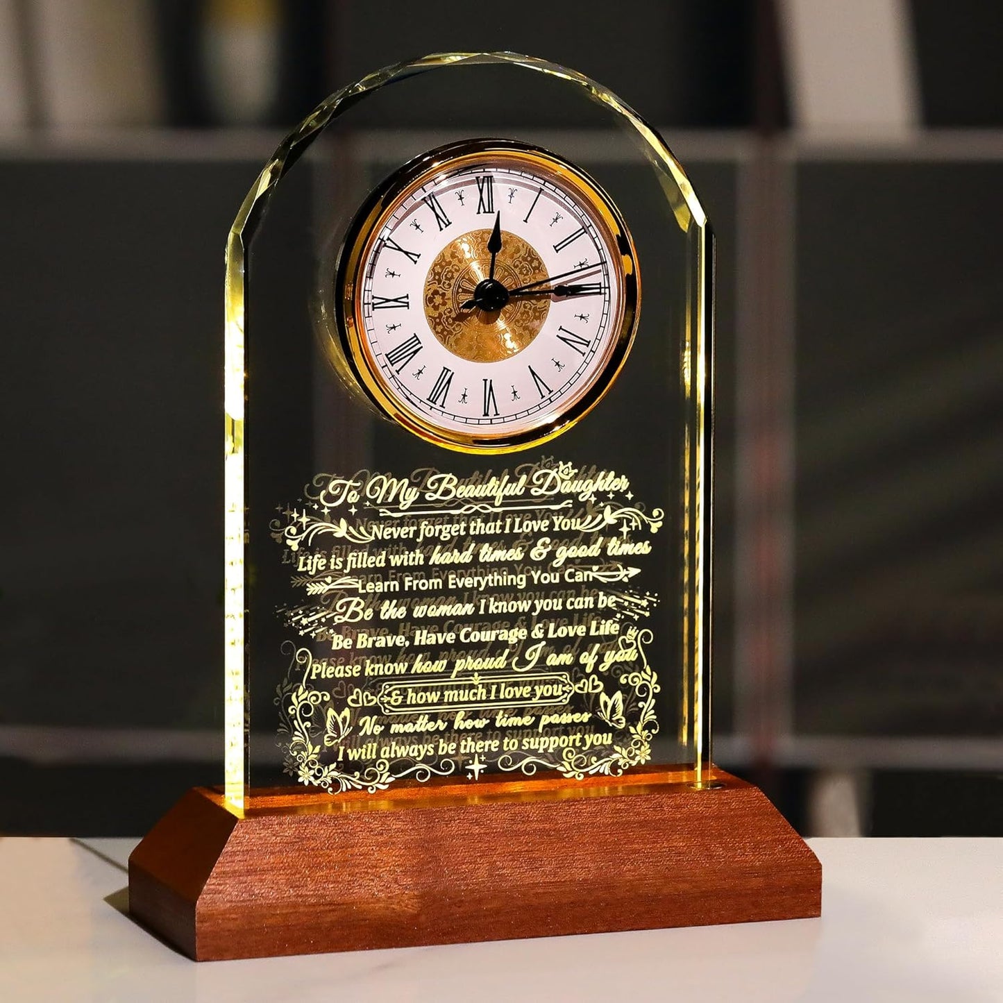 Ornalrist Glass Clock for Daughter from Mom & Dad - Heartwarming Gift with Wooden Base | Perfect for Mother's Day & Birthdays