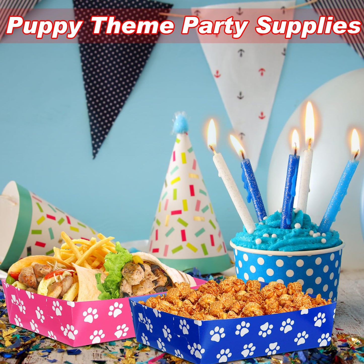 Mifoci 48 Pcs Dog Paw Print Food Trays 5 lb Large Puppy Theme Birthday Party Paper Plates Food Boats Disposable for Snack Burger Fries Party Supplies(Bright Color,Fun Style)