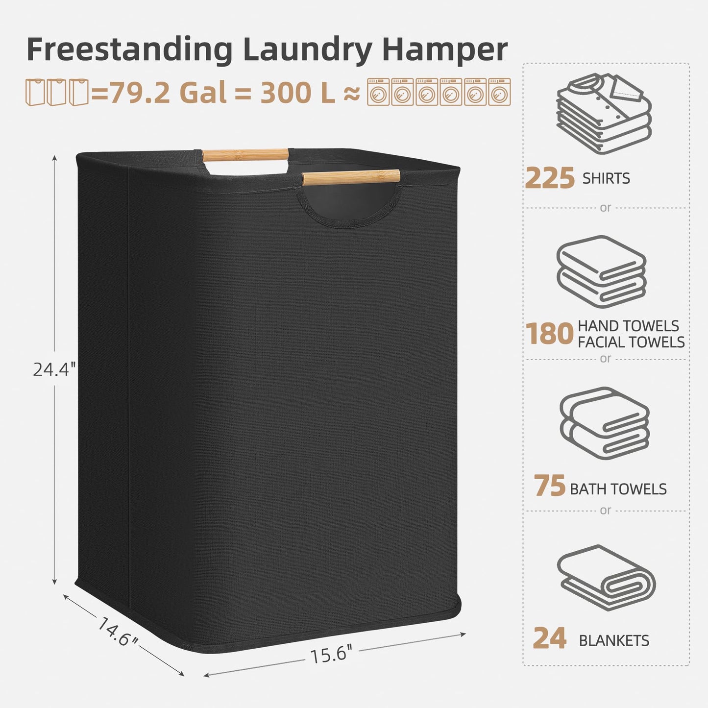STORAGE MANIAC 3-Pack Large Laundry Hamper, 100L (26.4 Gal) Collapsible Laundry Basket with Bamboo Handles, Freestanding Waterproof Clothes Hamper for Laundry Room, Bedroom, Dorm, Towels, Toys, Black