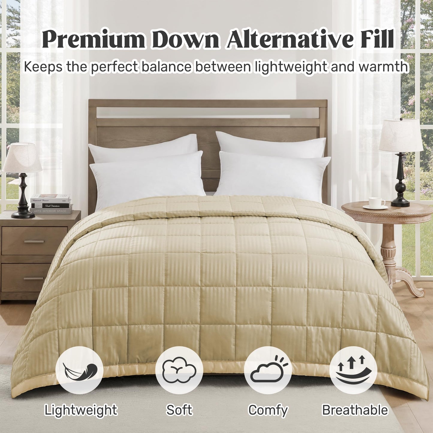 UNIKOME Blankets King Size - Soft Lightweight Down Alternative Blankets with Satin Trim, Cozy Luxury Bed Blanket for All Season, Khaki (108"X90")
