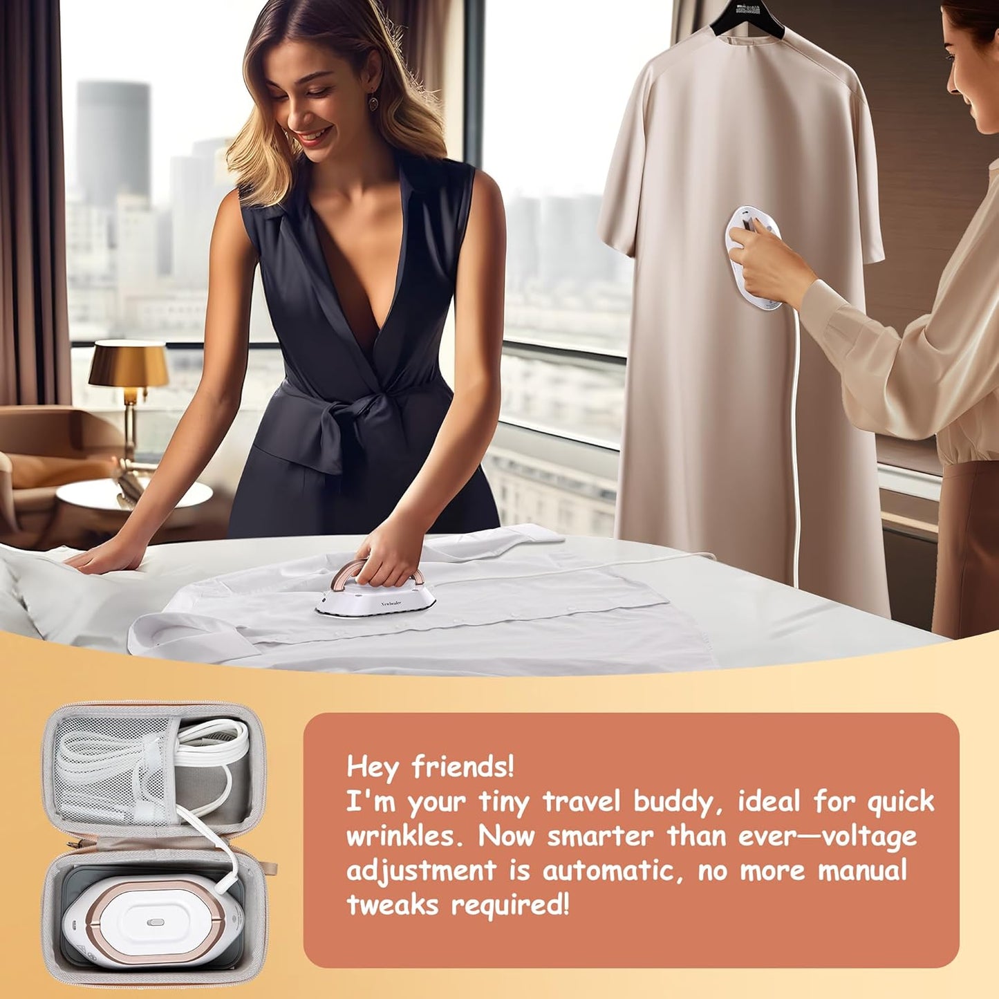 Newbealer Travel Iron - Mini Dry Iron with Global Voltage, 300W, Non-Stick Ceramic Soleplate, Gold