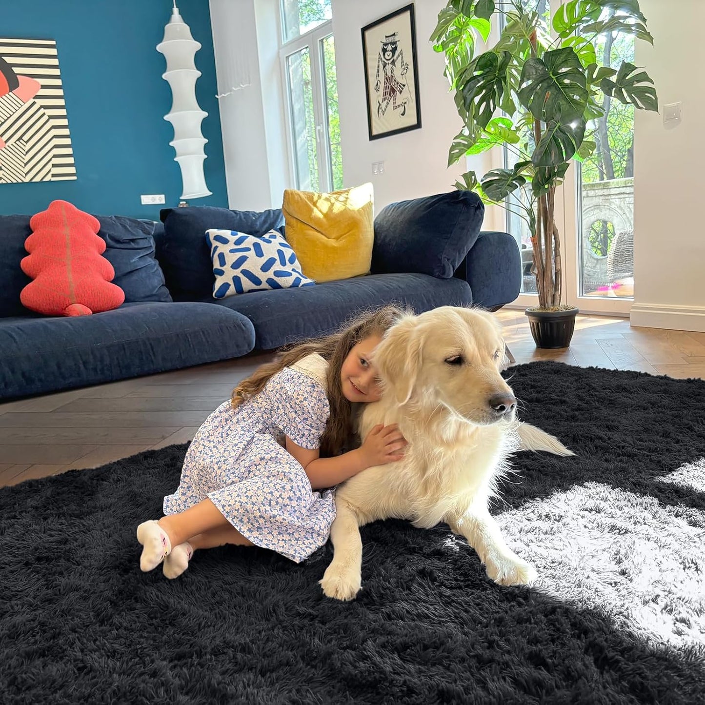 OLANLY 4x4 Soft Fluffy Shaggy Accent Rug - Machine Washable Area Rug for Bedroom & Living Room | Black