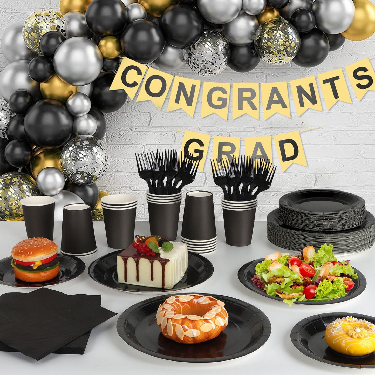 Black Paper Plates and Napkins, Disposable Black Party Plate Include 7&9INCH Plates Cups Napkins Forks Party Supplies for Father‘s Day, Graduations, Retirement, Birthday, Halloween for 25 Guests