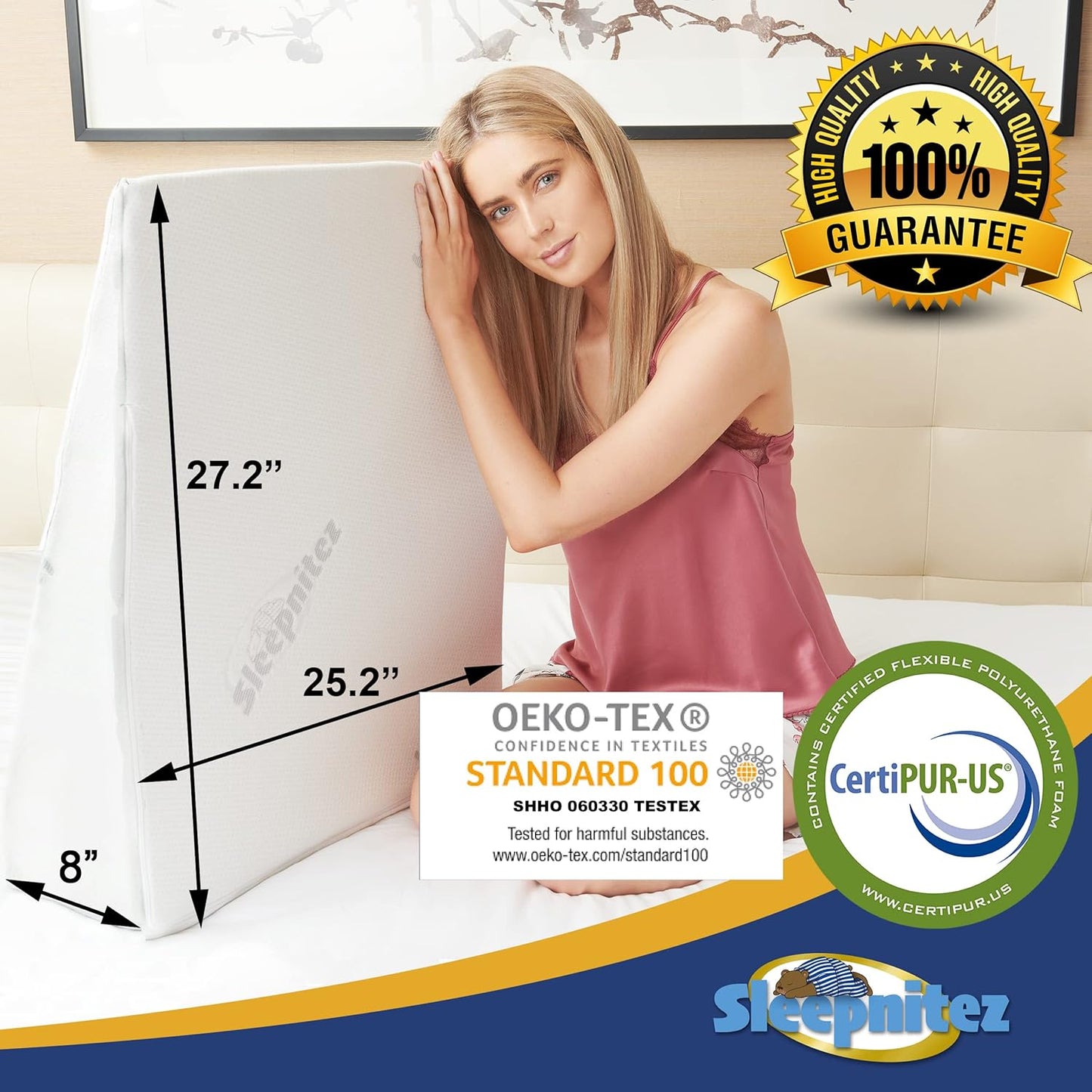 Sleepnitez Bed Wedge Pillow - Memory Foam for Acid Reflux, Snoring & Sleep Apnea | 8" Height, Luxurious Comfort