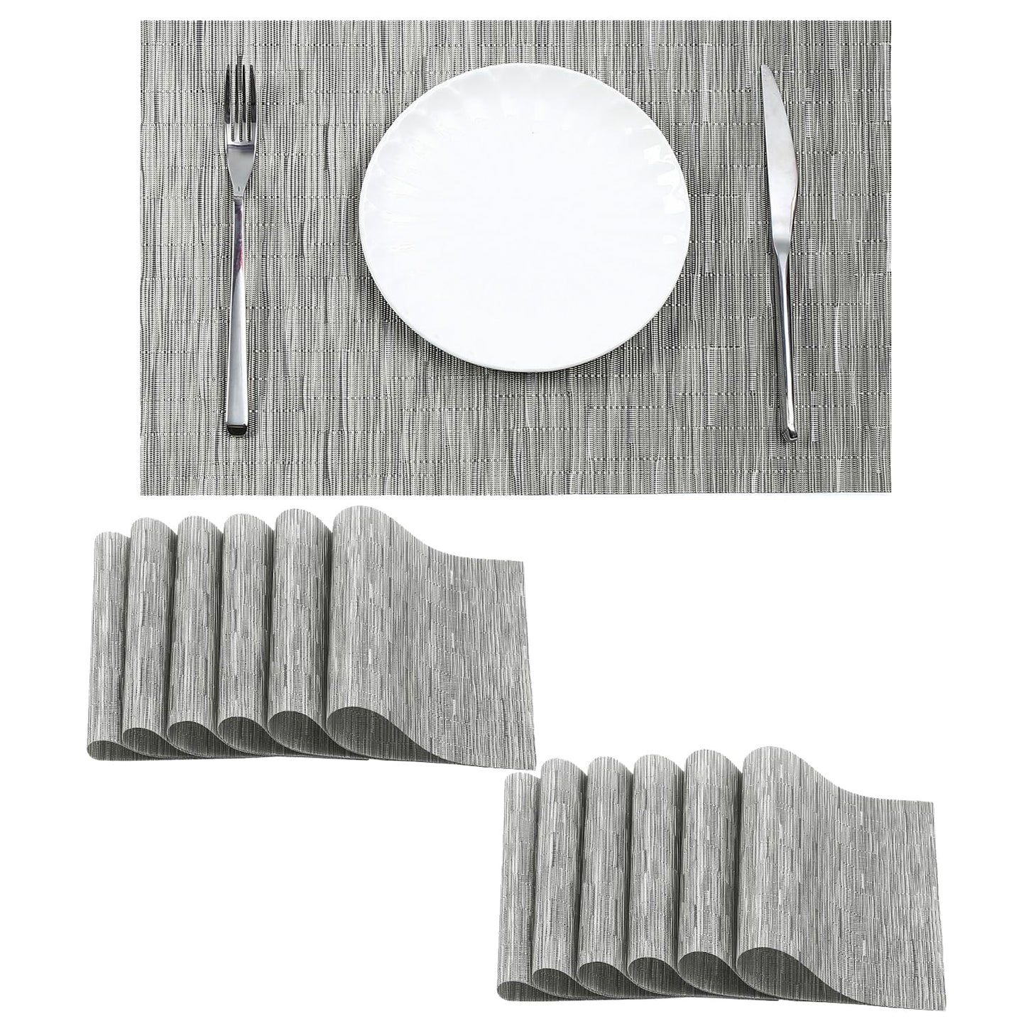Leetaltree Silver Placemats Set of 12 - Heat Resistant Non-Slip Place mats for Dining Table, Washable Durable PVC Vinyl Woven Table Mats（Sliver, 12）