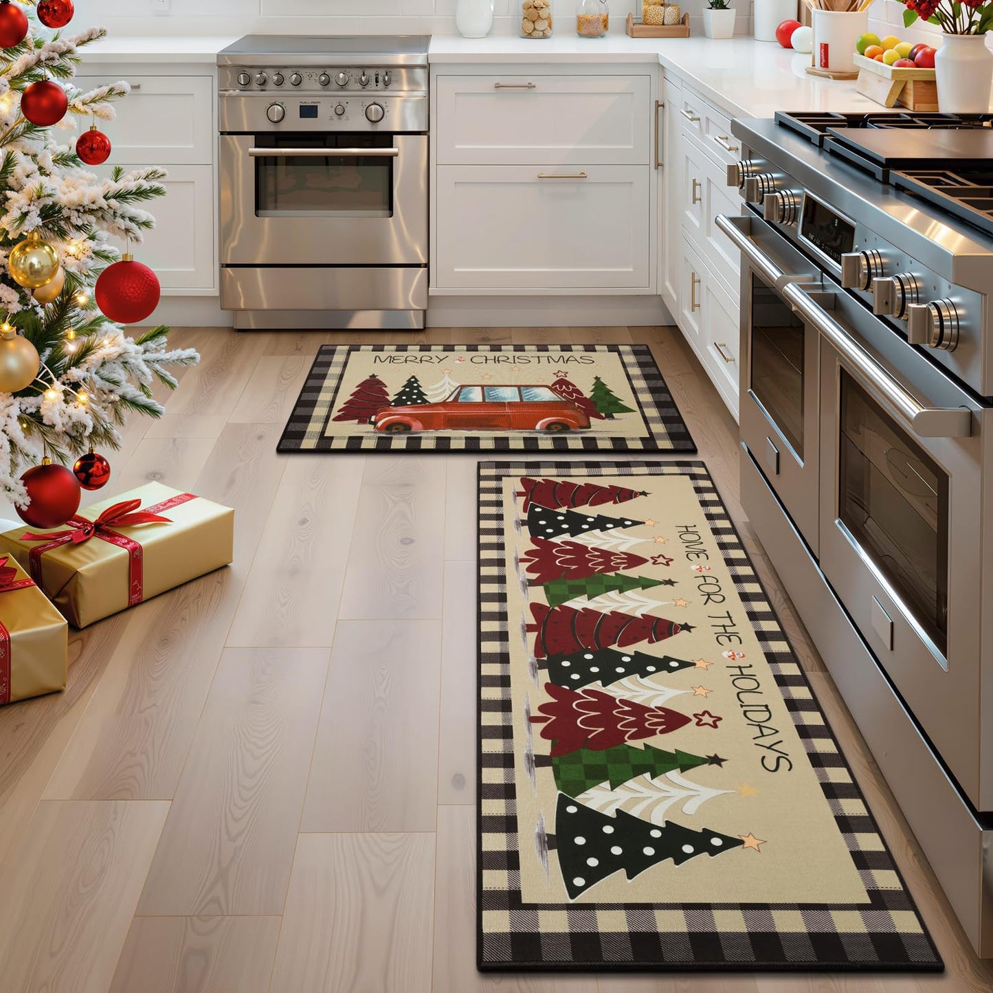 StepRite Kitchen Mats for Floor, 2 PCS Christmas Kitchen Rugs, Non-Slip Bottom with Christmas Tree Print, Low-Profile Mat for Home, Office, Sink, Kitchen,Hallway,Holiday Decor(17”x30”+17”x47”-Brown)