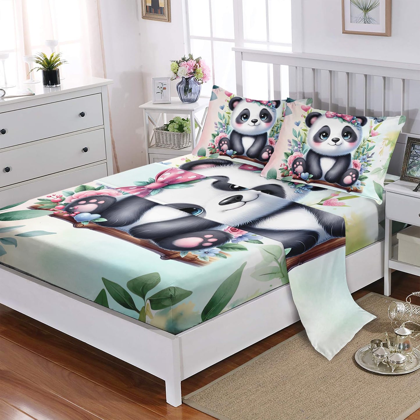 XYNHML Kawaii Black White Panda Sheet 4Pcs Queen Tie Dye Wild Animal Flower Bear Bedding Set for Kid Teen Girl Boy Swing Butterfly Botanical Room Decor with 1 Flat Sheet+1 Fitted Sheet+2 Pillowcases