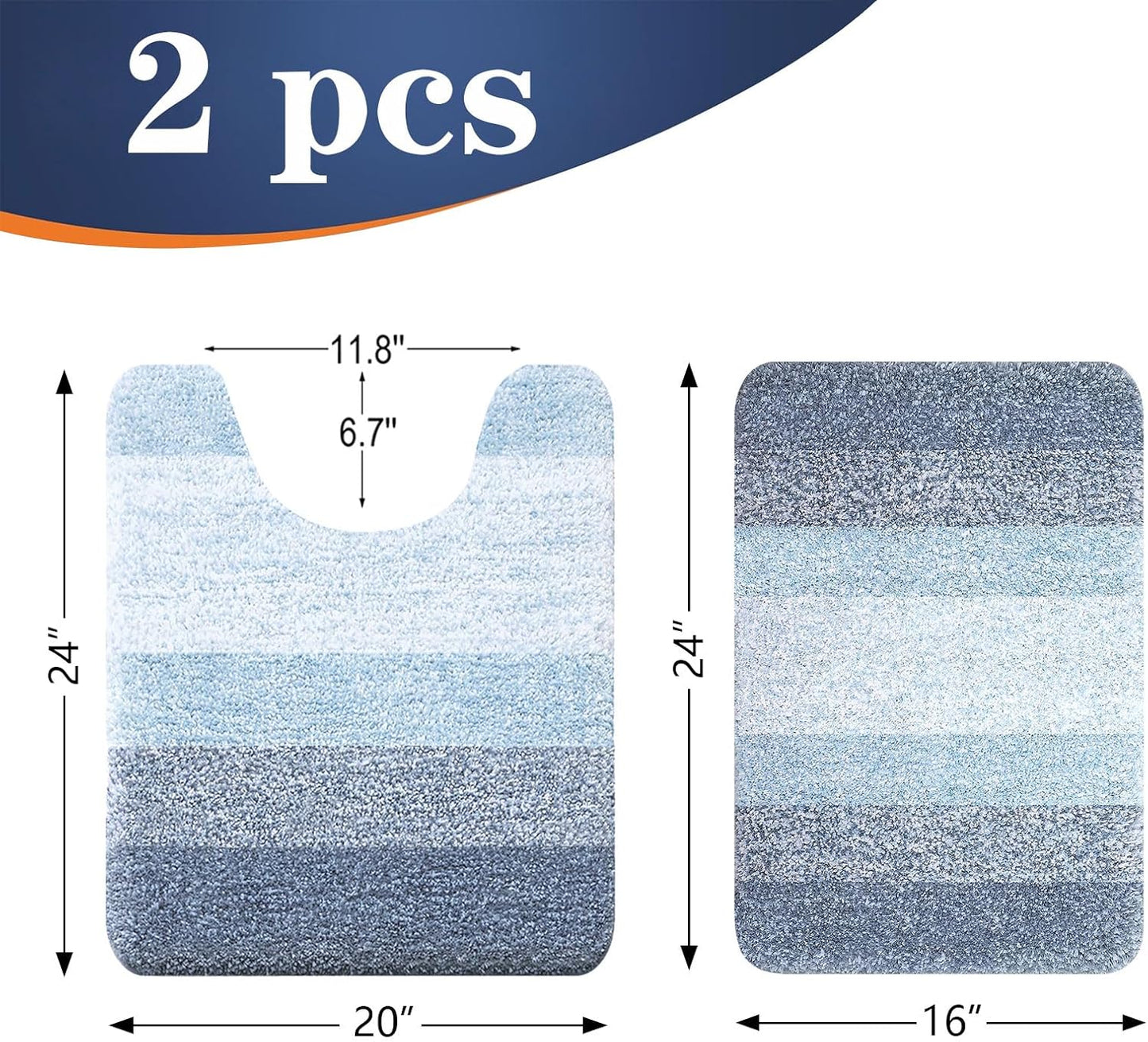 OLANLY Bathroom Rug Set - Soft Absorbent Microfiber Mats with Non-Slip U-Shaped Contour Rug | Blue, 2-Piece Set (24"x16" + 24"x20")