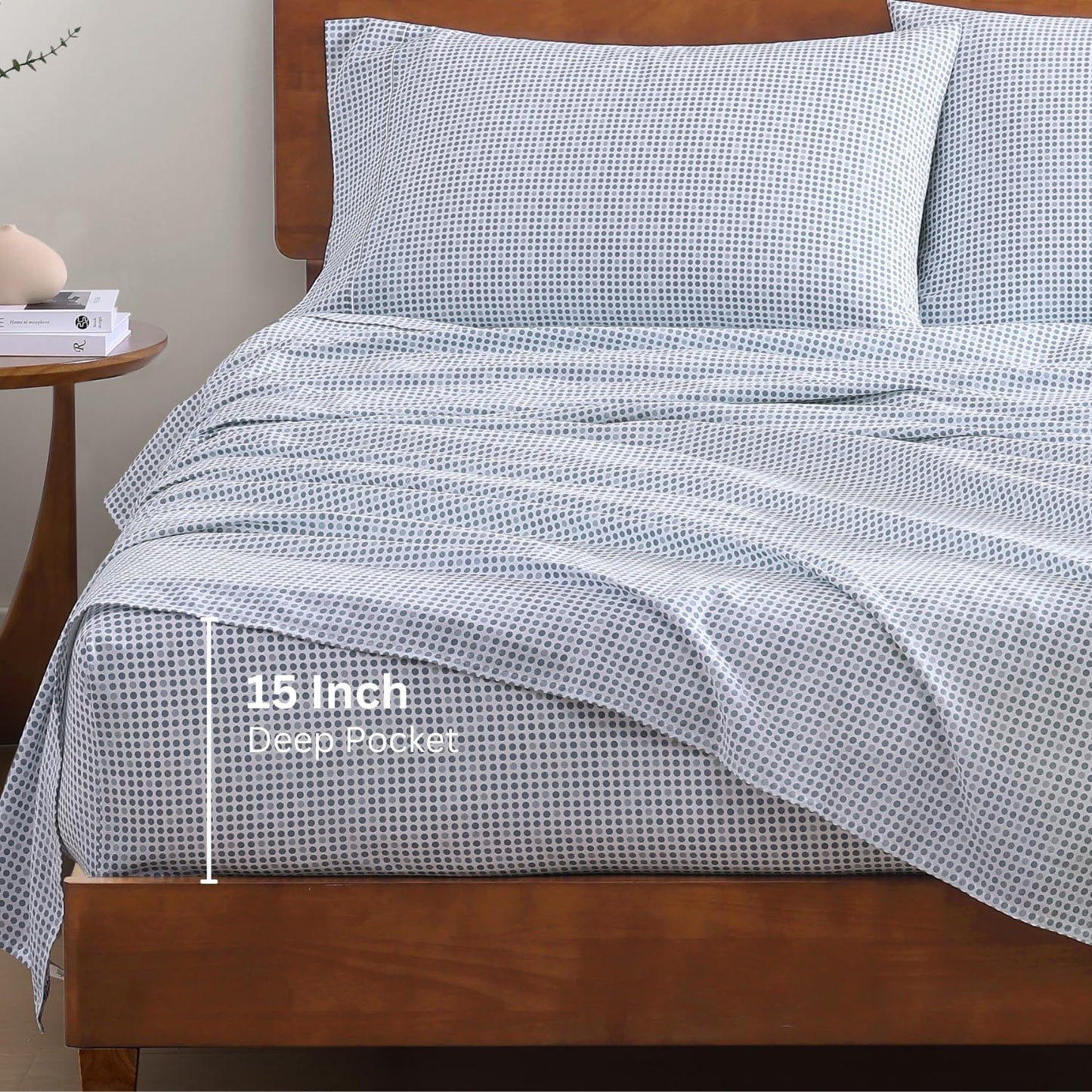 Lane Linen 100% Organic Cotton Twin XL Sheets - Fade Resistant, Temperature Regulating, Polka Dot Blue