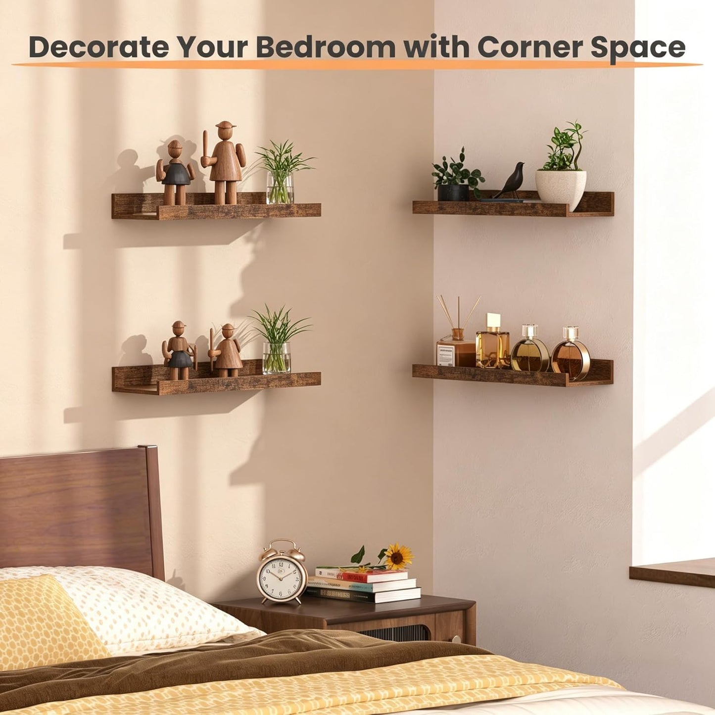 Upsimples Floating Wall Shelves - Set of 6 Decorative Wood Shelves for Bedroom, Living Room, Bathroom & Kitchen - Brown