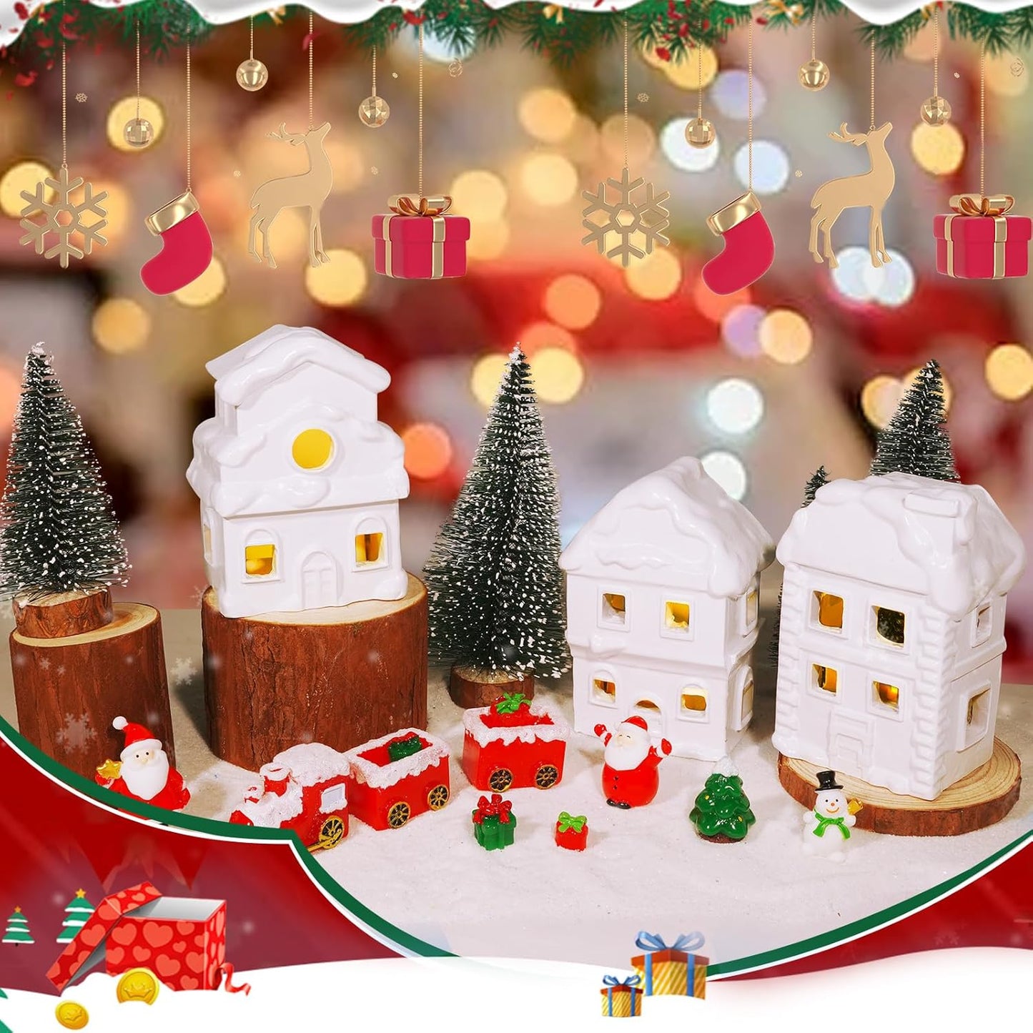Wowagoga Ceramic Christmas House Village Set - 21 Pcs White Resin Figurines | Light-Up 4.3 Inch Decor