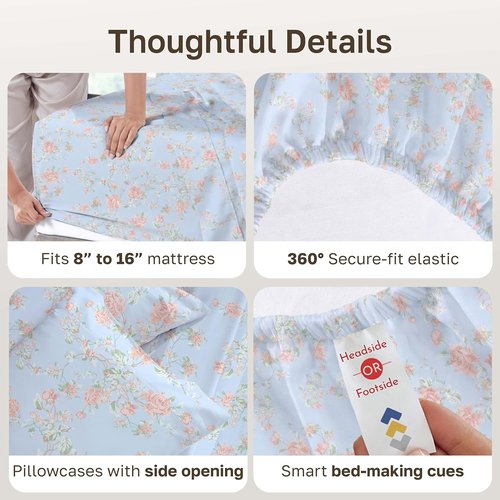 California Design Den Bed Sheets - Soft Cotton Cal King Set with 400 TC, Deep Pockets, Floral Blue/Pink