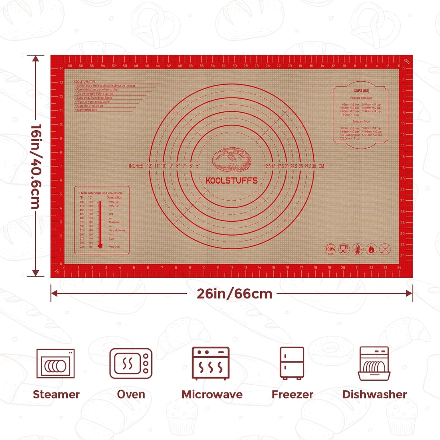 Silicone Pastry Mat - Extra Large 26"x16" Non-Slip Baking Mat with Measurements for Easy Dough Rolling
