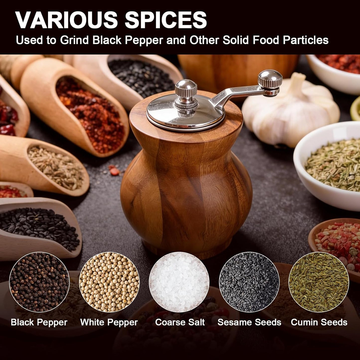 Skiennix Pepper Grinder - Refillable Spice Mill with Adjustable Coarseness | Manual Design with Handle
