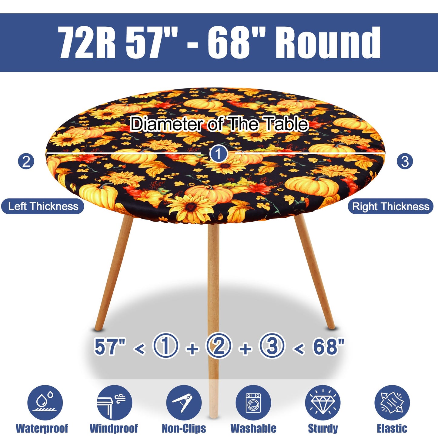 Moosfor Round Spandex Thanksgiving Tablecloth, Elastic Fitted Waterproof Tablecloths for 57"-68" Tables, Stretch Washable Picnic Table Cover for Autumn Harvest Parties, Pumpkin Sunflower