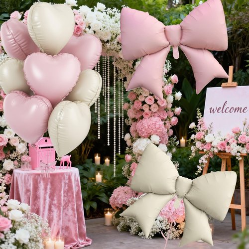 Cream Pink Heart Balloons, Pink Bow Balloons, 10Pcs 18 Inch Heart Shaped Balloon and 38 Inch Helium Bow Foil Balloon for Girl Women Birthday Valentine's Day Proposal Wedding Baby Shower Party Decor