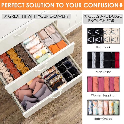 Criusia Sock Organizer - 6 Pack Foldable Drawer Dividers for Clothing Storage | Grey Fabric Bins
