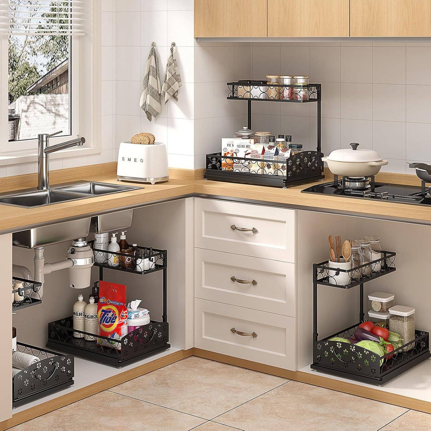 Sevenblue Under Sink Organizers - 2-Tier Kitchen & Bathroom Storage with Sliding Drawers | Metal, 2 Pack