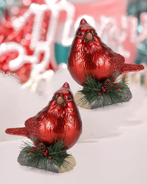 iStatue Red Cardinal Bird Figurines - Set of 2 Realistic 6.3'' Resin Statues for Holiday Home Decor
