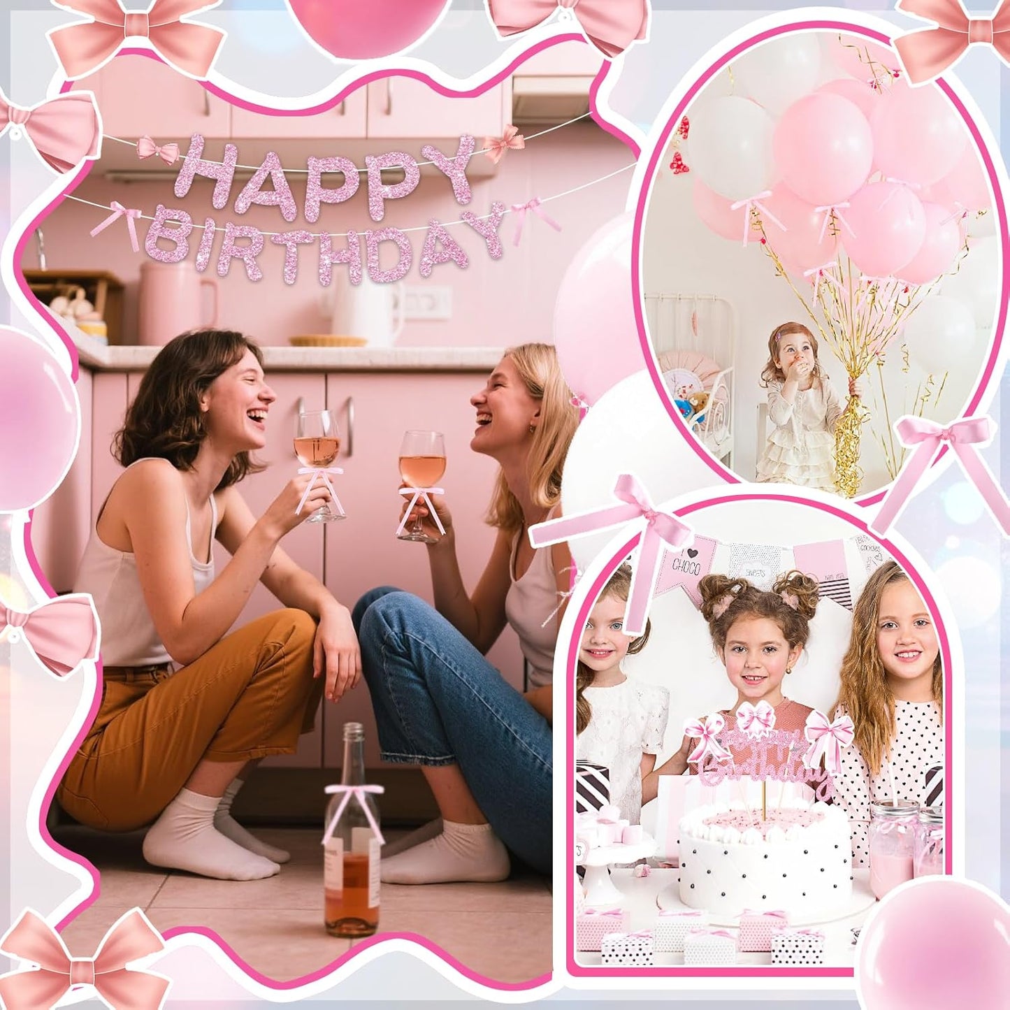 Tmtains 21-Piece Bow Cake Topper Set - Pink Coquette Birthday Decorations | Glitter Happy Birthday Sign & Cupcake Toppers
