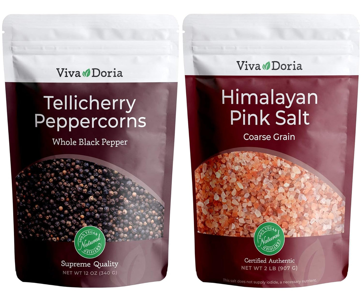 Viva Doria Tellicherry Whole Black Peppercorns & Himalayan Pink Salt - Coarse Grain, 2 lb | Perfect Grinder Refill Set