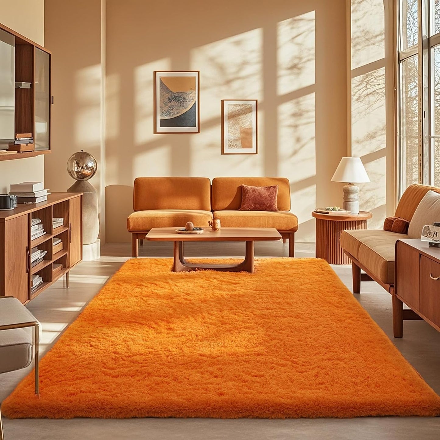 Ophanie Orange Area Rug - Plush 5x8 Fluffy Shag Carpet for Living Room & Bedroom Decor