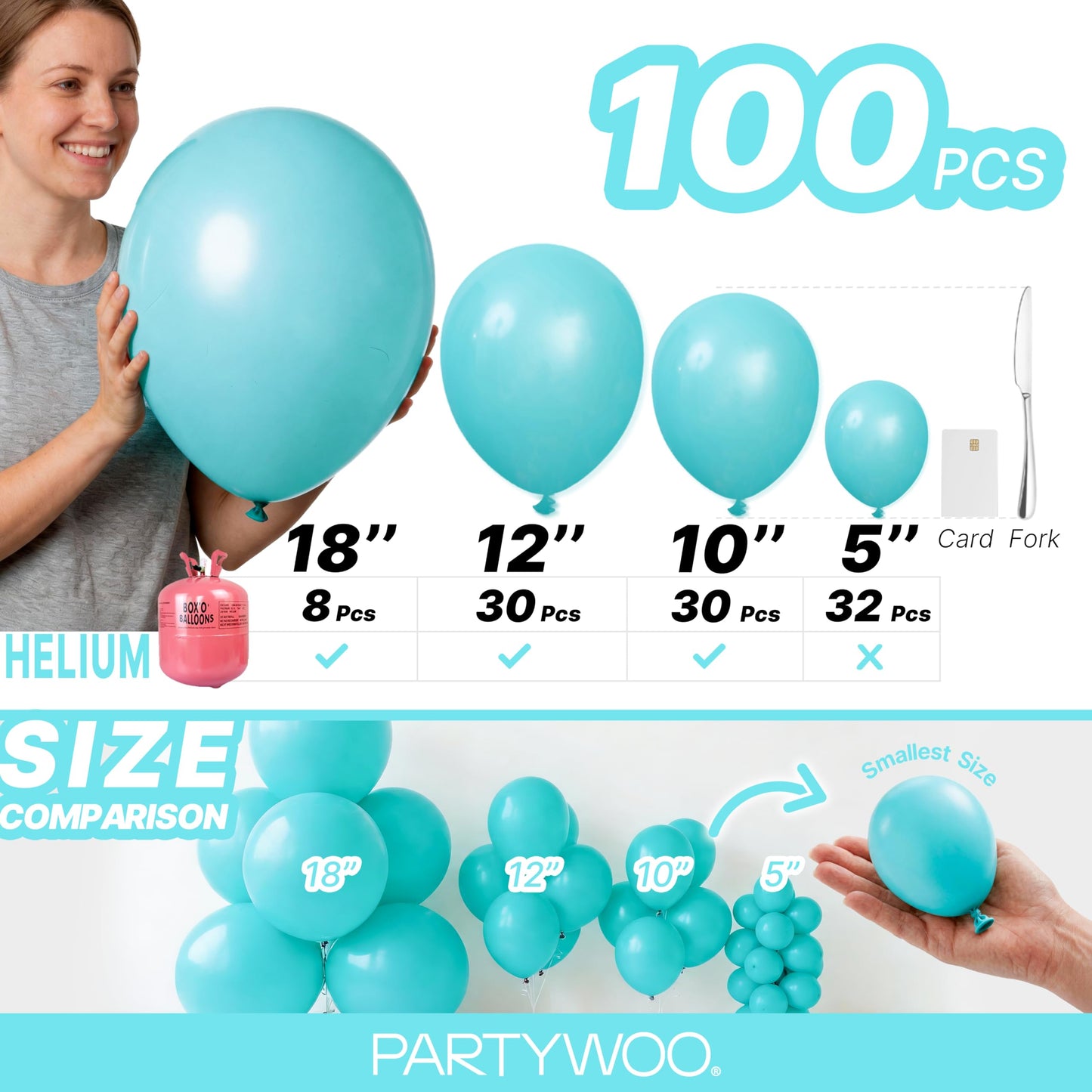PartyWoo Teal Balloons 100pcs Different Sizes Pack of 18 12 10 5 Inch Turquoise Dark Teal Balloon Arch Kit for Baby Shower Gender Reveal Graduation Mermaid Birthday Pool Party Decorations Blue-Y69