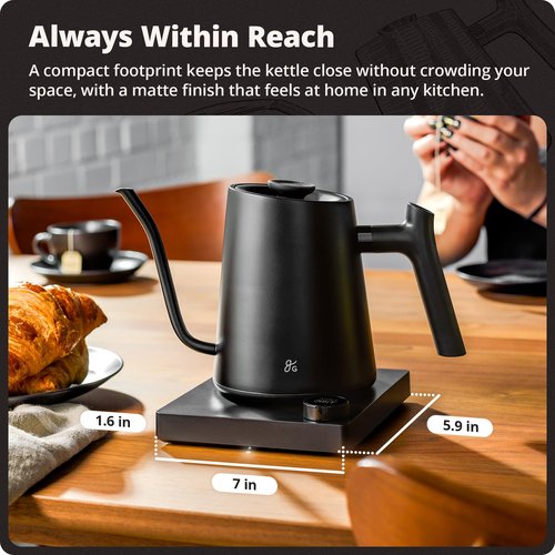 Greater Goods Electric Gooseneck Kettle, 1200W Stainless Steel with Precision Temperature Control, Fast Boil, BPA-Free, Ideal for Pour Over Coffee and Tea, 0.8L (Onyx Black)