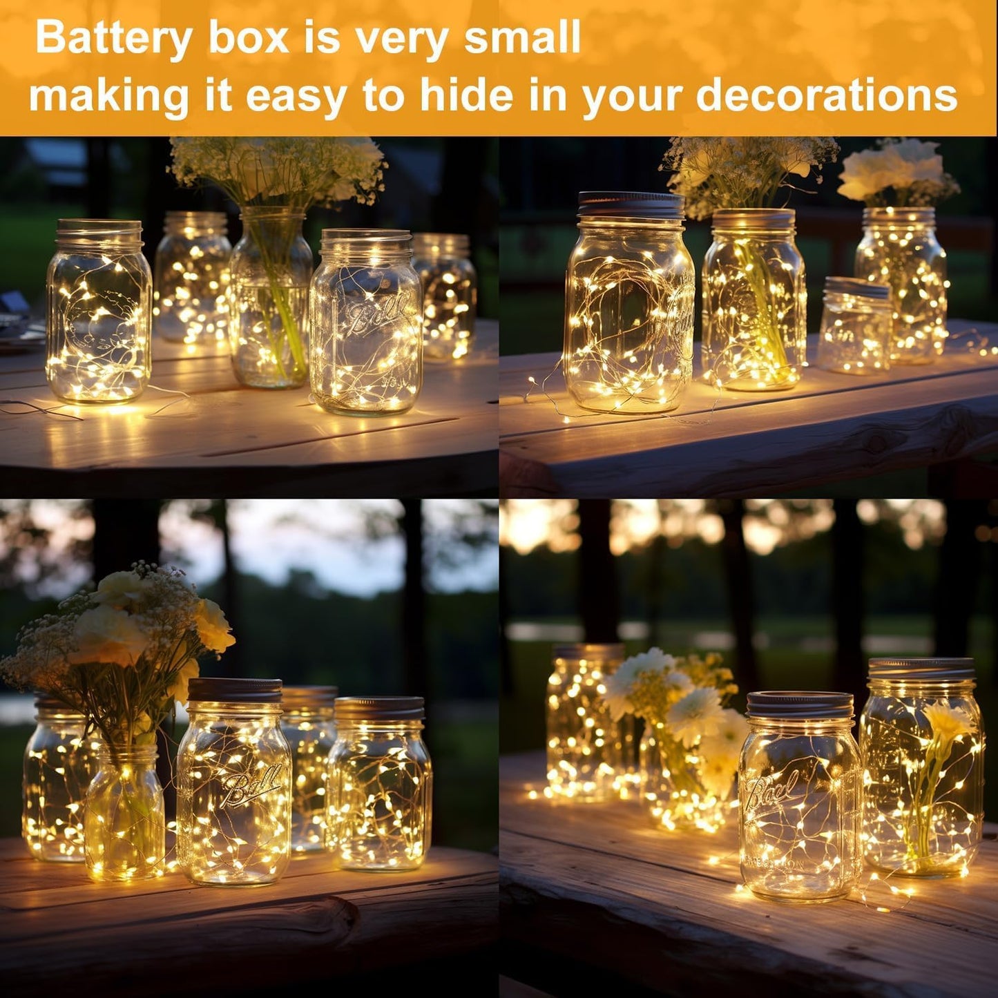 LEDIKON 24 Pack Fairy Lights Battery Operated String Lights-3.3ft 20 LED Silver Wire Warm White for Wedding,Party,Table Centerpieces,DIY Crafts,Mason Jars Decor