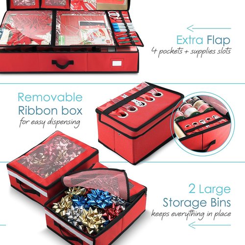 Hearth & Harbor Wrapping Paper Storage Container - Large Red Christmas Organizer with Ribbon Dispenser & Wheels, Fits 30 Rolls