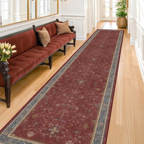 Hazo Haus Non-Slip 10ft Long Hallway Runner Rug - Burgundy Washable & Waterproof 2x10 Kitchen Mat | Oriental Turkish Design