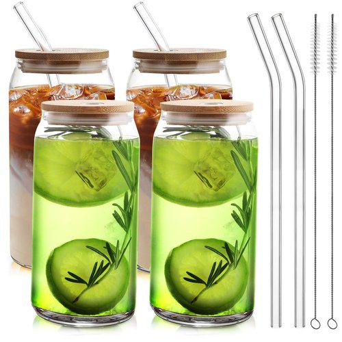 HOMBERKING Glass Cups with Bamboo Lids and Straws 4pcs Set, 16oz Can Shaped Drinking Beer Glasses, Iced Coffee Cups, Cute Tumbler with 1 Cleaning Brush, Ideal for Cocktail, Whiskey, Tea, Gift