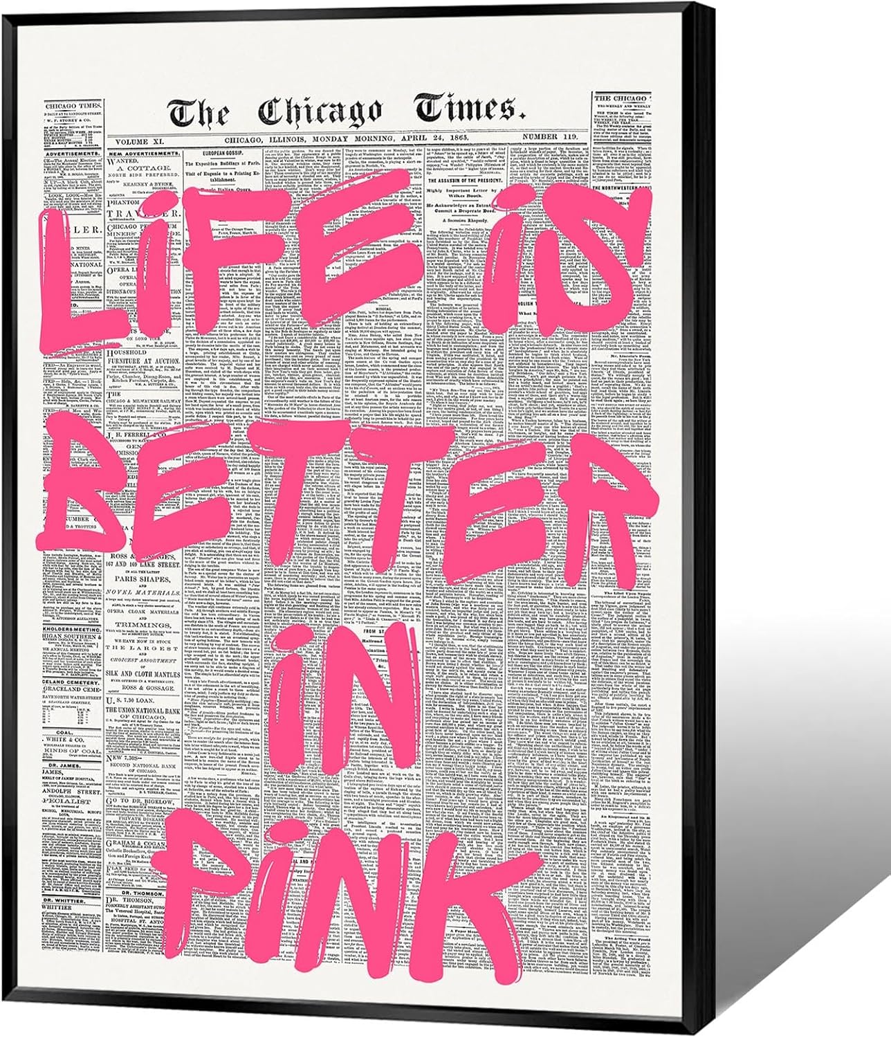 Skiennix Pink Wall Art - Retro Newspaper Canvas Poster with Positive Quote | 16x24in Minimalist Decor