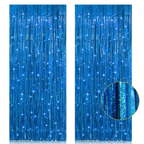 2 Pack 3.2ft x 8.2ft Blue Foil Fringe Curtains Photo Backdrop Party Decorations, Metallic Tinsel Foil Fringe Streamer Curtain for Party Door Wall Curtain Bachelorette Christmas New Year Decorations