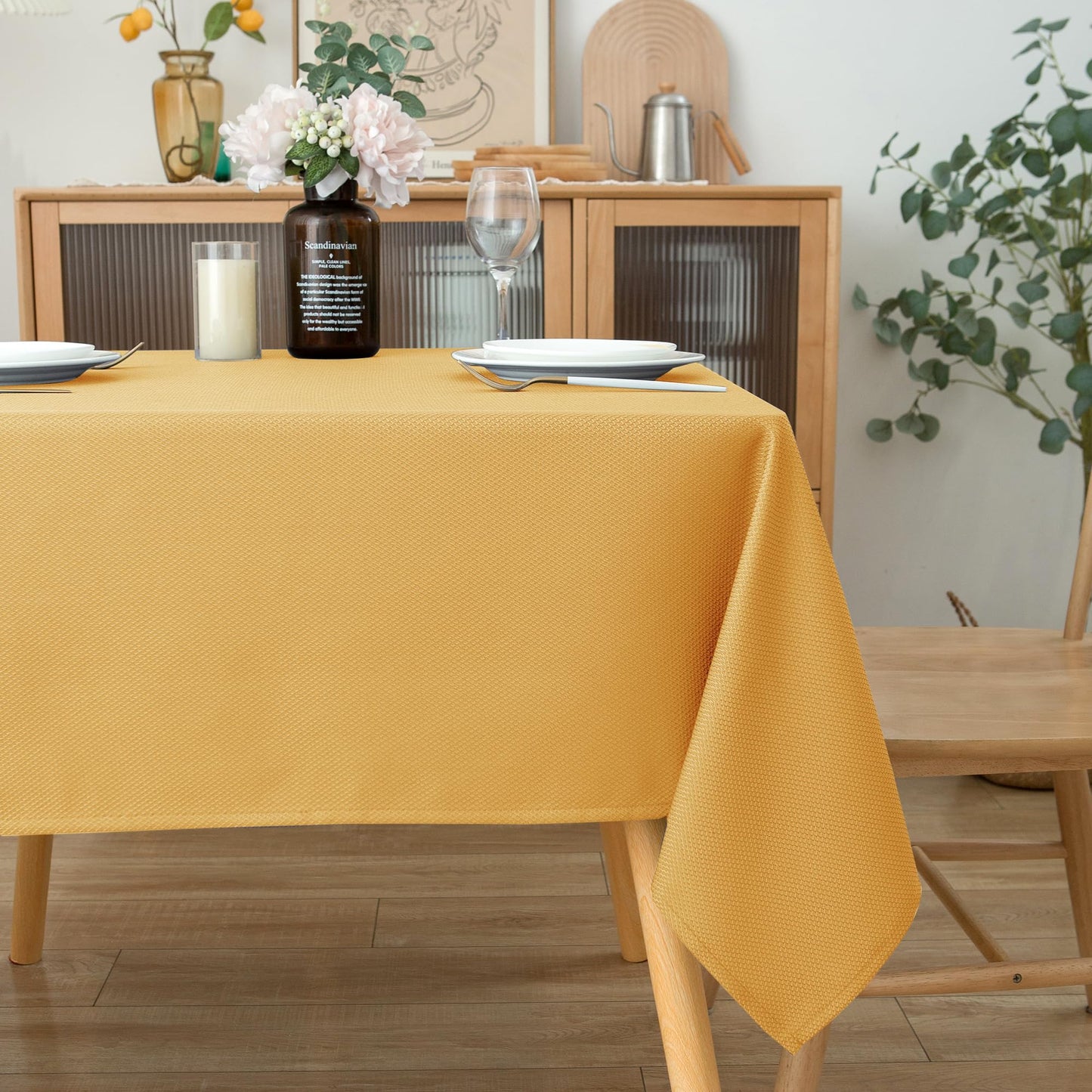 Biscaynebay Fall Tablecloth Textured Fabric Square Tablecloths 90x90'', Fall Gold Thanksgiving Autumn Harvest Water Resistant Fabric Tablecloths for Kitchen, Dining, Wedding, Parties Machine Washable