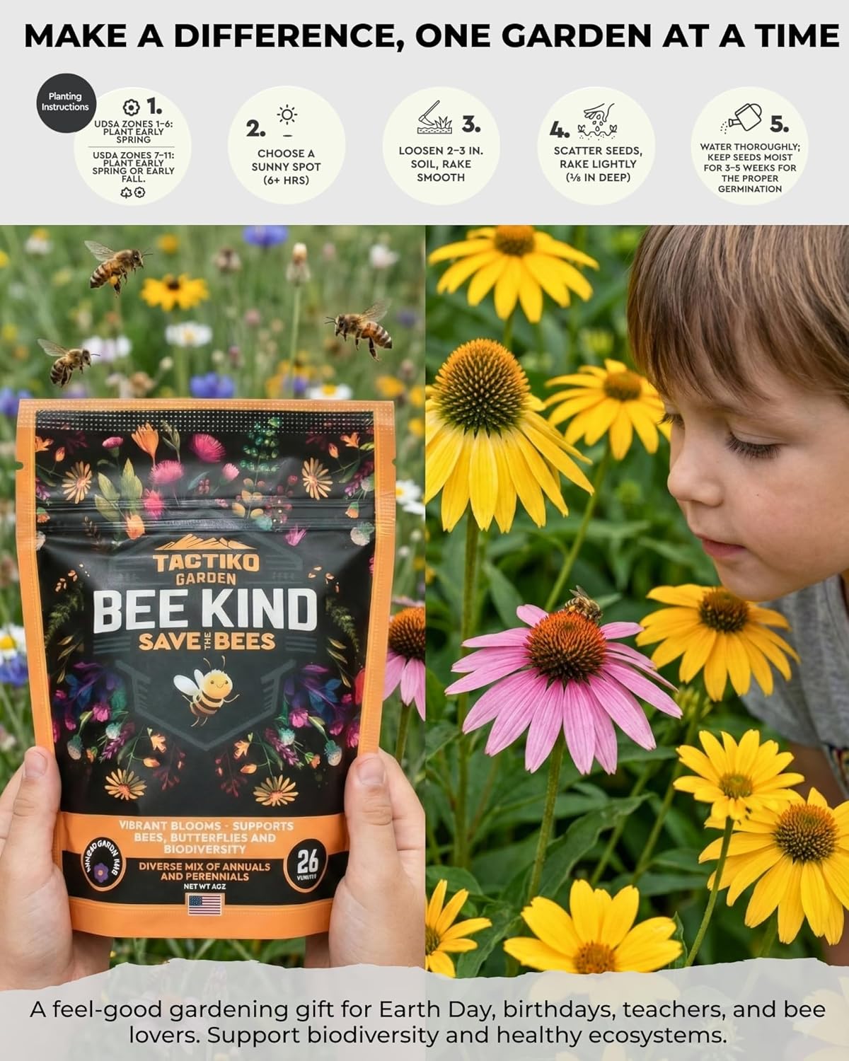 Tactiko Garden Wildflower Seeds Mix - 120,000+ Annual & Perennial Seeds for Pollinators | 4 oz, Covers 600 sq ft