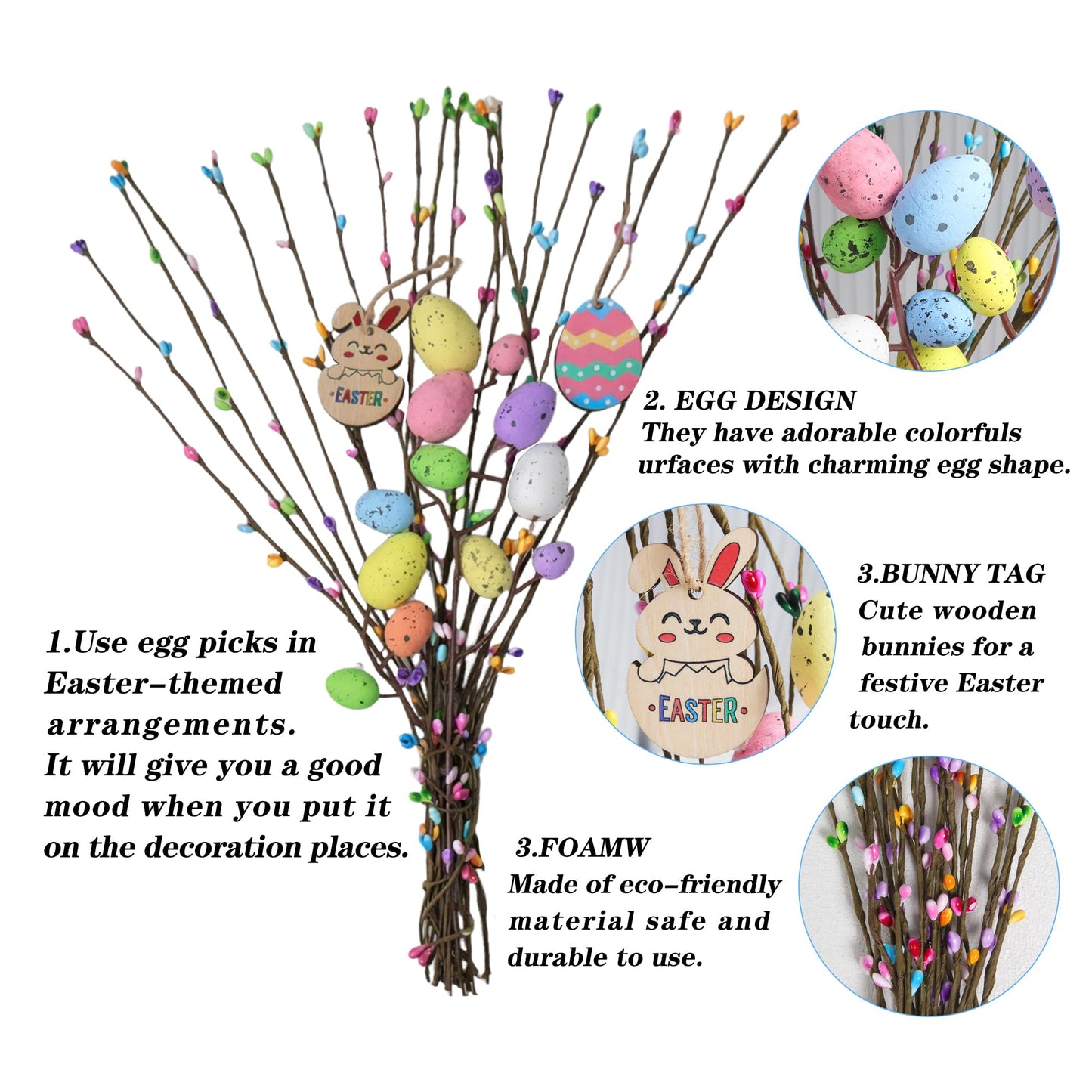 KENJOVIVO Artificial Easter Spray Vine with Pastel Easter Eggs and Berries, Wooden Eggs, Wood Rabbit & Happy Easter Ribbon, Easter Egg Twig Branches for Spring Floral Stems Home Decoration
